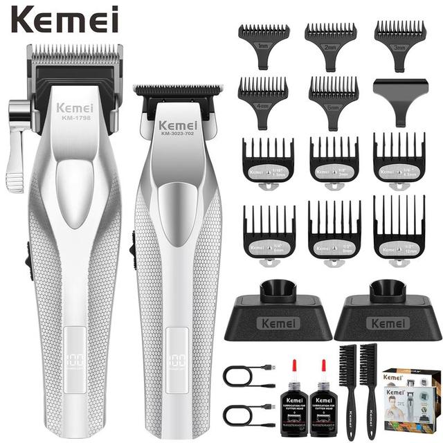 Kemei Km-3023-702 Real Matel Hosting DLC Coated Blade Hair Detail Clipper Wireless Base USB Charger Dock 9000RPM Hair Trimmer