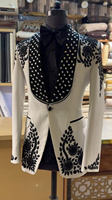 Costume de mariage et de bal pour homme, deux pièces, blanc et noir, brodé, avec sequins, style smoking, pour scène, célébrité, animateur (veste + pantalon)