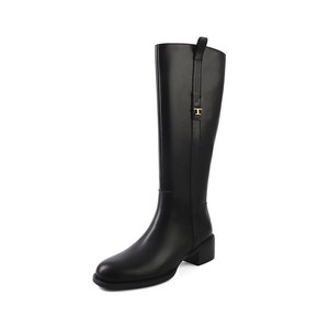 Bottes mi-hautes pour femme en cuir de vachette avec fermeture éclair latérale en métal, talon compensé, talon moyen, quatre saisons, super tendance, mince, style chevalier - Product Image 1
