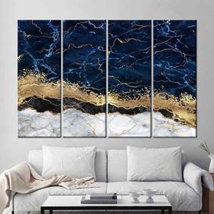 Obra de arte impresa en lienzo: decoración moderna abstracta en azul marino y dorado, 4P: estirado sobre lienzo - Product Image 1
