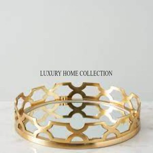 Stunning golden finished metal glass <b>mirror</b> <b>tray</b> <b>with</b> intricate carvings for centerpiece display and elegant table arrangement. - Product Image 4