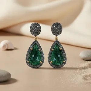 Boucles d'oreilles pendantes de luxe en rhodium noir avec pierres vertes taille émeraude pour femme, bijoux de soirée, monture en argent 925 - Product Image 1
