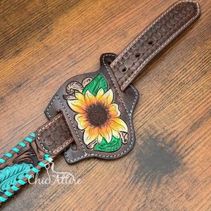 Estuche para cuchillos de cuero con diseño de girasol portátil, funda para cuchillos de cuero genuino, cinturón trampero para caza y equipo al aire libre - Product Image 1