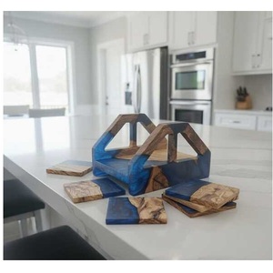 High Quality Handmade <b>Blue</b> Epoxy Resin River <b>Coasters</b> Wooden Drink <b>Coasters</b> Set with Matching Storage Holder for Home Decor - Product Image 6