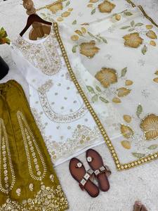 Conjunto de Salwar Kameez Dupatta de Seda GMY con Bordado Floral Blanco, Traje Tradicional Indio para Mujer, Ropa para Bodas y Fiestas - Product Image 5