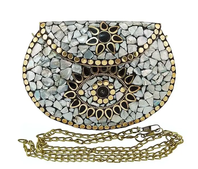 Neues Design Perlenmutter mit Metall MOP Kupplung Schultertasche Steinarbeit Verzierungen Stickerei Damen Partywaren Handtaschen