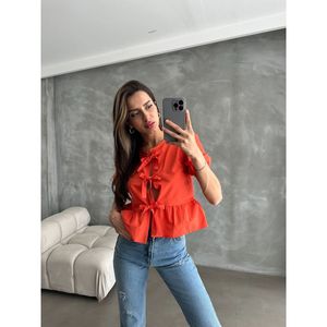 Blusa de Popelina Naranja con Lazo Delantero para Mujer TOPSHOW - Camisa Casual de Manga Larga de Mezcla de Algodón y Poliéster para Uso Diario - Product Image 3