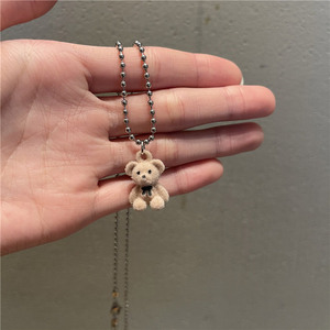 Plush <b>Bear</b> Pendant Necklace with Silver Ball Chain for Girls Soft Aesthetic Daily Outfits - Product Image 6