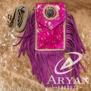 Handmade Hair on Metallic Cowhide Turquoise Fringe Women Crossbody Mobile <b>Bag</b> Western Genuine Leather Concho Cell Phone Purse - Product Image 1