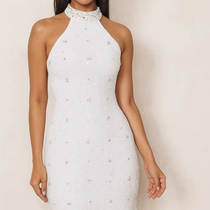 Robe de soirée sur mesure de qualité supérieure, taille 127, entièrement ornée de perles, travail manuel, taille naturelle, manches courtes, parfaite pour les fêtes et les événements de mariage - Product Image 2