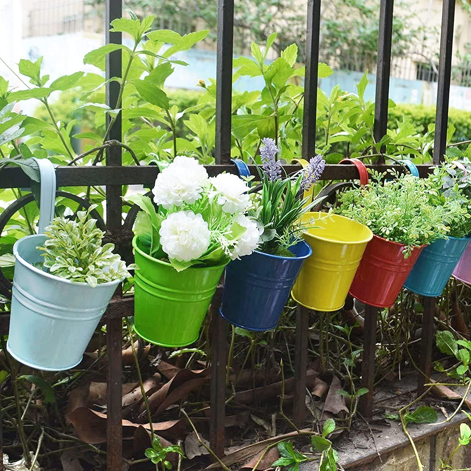 POPETPOP Lot De 6 Pots De Fleurs Suspendus Colorés Avec Crochets - 20.5x20x13 Cm, Matériau Résine | Pour Balcon, Terrasse, Décoration Murale
