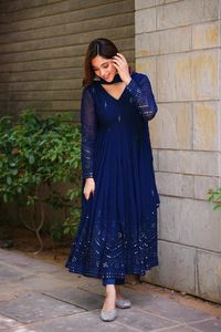 Meilleure vente bleu indien brodé 3 pièces Long évasé Anarkali costume ensemble pour femmes Partywear Georgette Salwar Kameez - Product Image 3