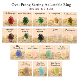 Bague réglable en calcédoine bleu ciel ovale en laiton plaqué or bijoux minimalistes damier coupe ovale pierre précieuse broche ensemble bague ouverte - Product Image 2