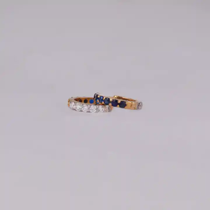Corte redondo con piedras preciosas azules y diamantes creados en laboratorio, pendientes de aro de adentro hacia afuera, pendiente de oro amarillo de 14KT, regalo para mujer - Product Image 4