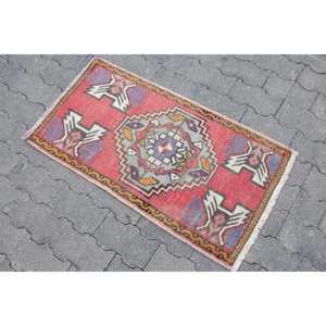 Vintage Turkish Small Rug 1.6x3 ft <b>Red</b> Blue Moroccan Patchwork <b>Wool</b> Rug with Eco-Friendly Latex Backing - Product Image 2