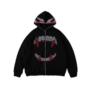 Sudadera con capucha y cremallera GSM 480 de alta calidad, estampado de pantalla personalizado, logotipo de marca con diamantes de imitación, diseño de gran tamaño, algodón 100% para la temporada de invierno - Product Image 1