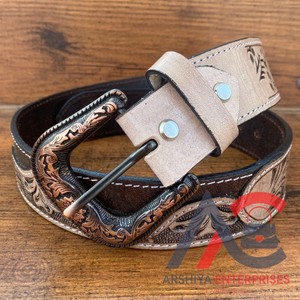 เข็มขัดหัวเข็มขัดโลหะผสมหนังวัวมือสไตล์คาวบอยตะวันตกวินเทจทำด้วยมือเข็มขัดหนังแท้ลายดอกไม้สำหรับทุกเพศ - Product Image 1