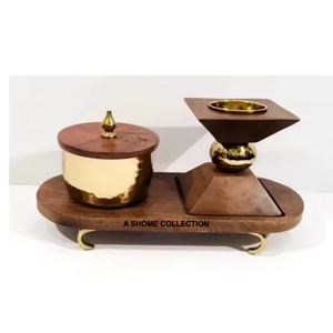 Best Quality Luxury Metal Golden and Black Color Arabian <b>Oud</b> Mabkhar <b>Bakhoor</b> Decorative Burner with Tray Set - Product Image 4