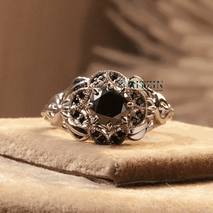 Bague de fiançailles de style Art déco avec diamant rond noir pour femme - Product Image 6