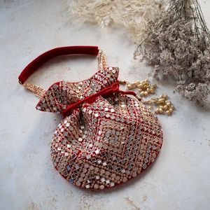 Beautiful Maroon Velvet Potli Wrist Bags Embellished Crystal Glass Beads,mirror Embroidery Work for Party-wear/<b>wedding</b>@ 2024 - Product Image 1