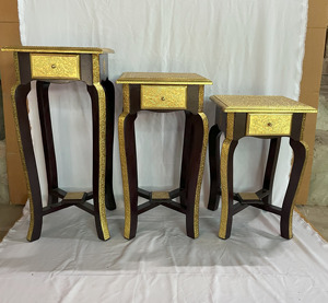 Traditional Wooden Nightstand With Gold Embossed Top And Drawer Bedroom Furniture Antique Style Side Table Storage Decor - Product Image 2