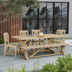 Ensemble de salle à manger d'extérieur moderne en teck recyclé, banc et 4 chaises, résistant aux intempéries, écologique, mobilier de jardin, ensemble de table à manger - Product Image 1