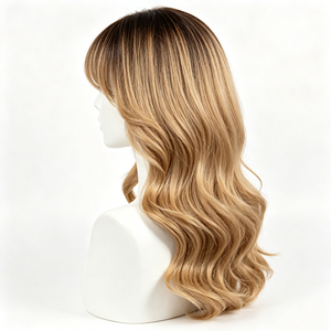 Dark Root Honey Blonde <b>Highlight</b> 22 Inch Long Loose Body Wave Human Hair Lace Front Wig With Air Bangs For Women Daily Wear - Product Image 4
