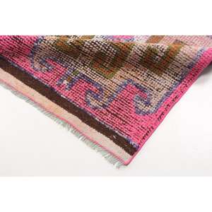 Alfombra Turca Vintage, Alfombra de Pasillo de 2.7x10 pies, Alfombra de Lana con Diseño Floral en Tonos Rosa y Marrón - Product Image 5