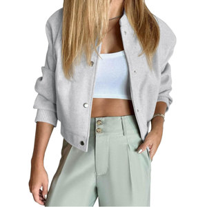 Women Cropped Bomber Jacket Wool Blend Letterman Short Coats Long Sleeve <b>Button</b> Down Winter Casual Outerwear Jacket - Product Image 3