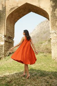 <b>Womens</b> Solid Orange Off-the-Shoulder 3/4 Sleeve Maxi Bohemian Casual Organic Cotton Breathable Eco-Friendly Summer <b>Dress</b> - Product Image 6