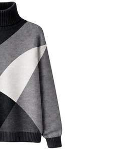 Pull en tricot à col roulé pour femme, personnalisé, haut de gamme, à blocs de couleur, doux, chaud, pull d'hiver décontracté, haut tendance, noir, gris, blanc - Product Image 4