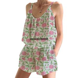 Conjunto de Pijama Corto de Algodón con Estampado Floral Hecho a Mano para Mujer, Primavera/Verano, Conjunto de Pijama Ajustado sin Mangas con Tirantes - Product Image 6