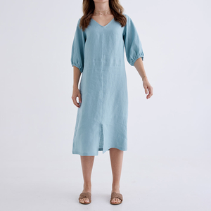 Femmes col en V élégant solide couleur marine col en V longueur mi-longue respirant robe en lin ample pour les femmes - Product Image 5