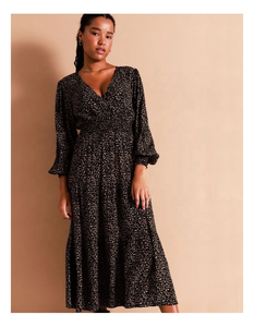 Nouvelle robe décontractée noire tendance 2026, décorée d'un imprimé magnifique et d'une taille froncée, col en V, manches bouffantes, robe grande taille - Product Image 5