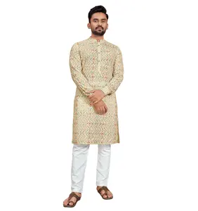 Vêtements de fête de mariage les plus vendus pour hommes en coton Schiffli Chikan Work avec impression numérique Kurta Pajama Acheter auprès d'un fabricant indien - Product Image 1