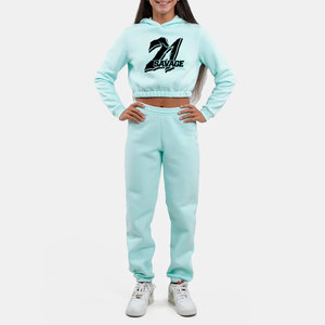 100% Cotton Women High Street Style Eco-Friendly Winter 2-Piece Jogger Crop <b>Top</b> & Pants Sweatsuits Set - Product Image 1