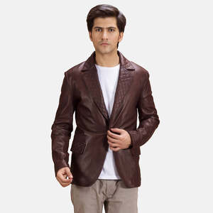 Blazer de piel de oveja semi-anilina acolchada color granate con cuello con muescas de Radaron Premium Style para hombre - Product Image 1