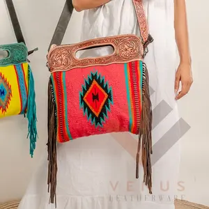 Nuevo bolso de mano de Manta con sillín con estilo occidental, Correa mecanizada hecha a mano, bolso de cuero azteca, bolso con asa superior multicolor Vintage