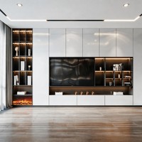 Unit TV Dinding Kayu Putih Modern Dengan Rak Display LED dan Perapian Elektrik Ruang Tamu Minimalis
