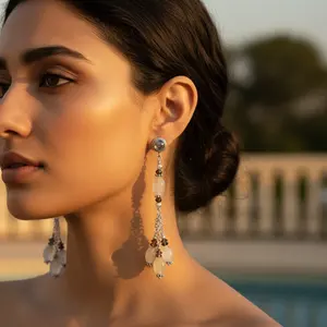 Pendientes Elegantes de Plata 925 con Piedras y Perlas de Agua Dulce, Chapados en Oro de 18K, con Colgante de Esmeralda, Joyería Chapada en Oro Blanco - Product Image 1