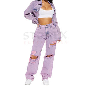 2023 sur mesure mode femmes ensembles haut veste avec poches Denim coton 2 pièces ensemble dames tenue décontracté - Product Image 1