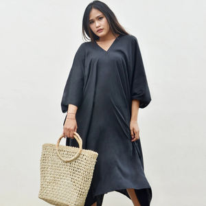 Women's Half Sleeve V-Neckline Rayon <b>Kaftans</b> Handmade Plain Dye Black Long Maxi <b>Dresses</b> with Natural Waistline Woven Midi Length - Product Image 1