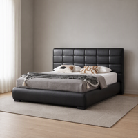 Cadre de lit minimaliste et moelleux avec tête de lit matelassée en grille, base étagée et socle encastré