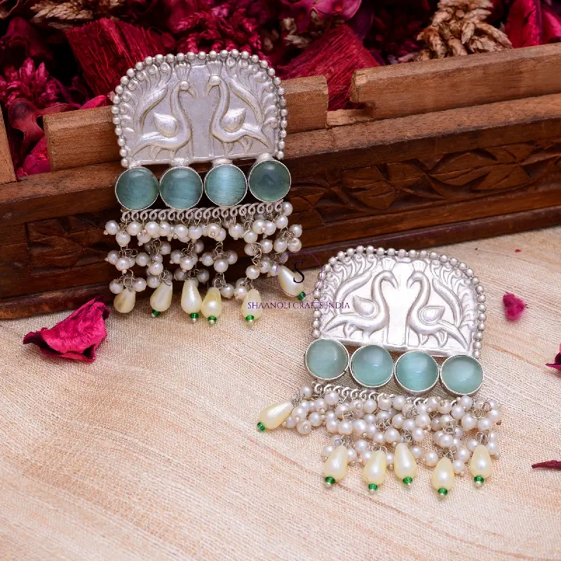 Pendientes llamativos de piedra de moda oxidada de plata afgana verde menta, joyería Tribal antigua para mujeres y niñas