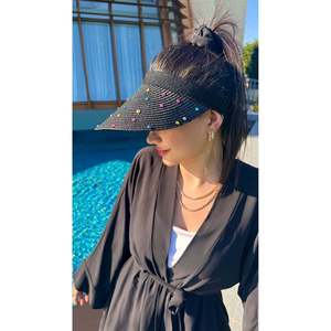 Black Colored <b>Straw</b> <b>Visor</b> Hat with Stone Embellishment Details HSR2090 - black2090 - Product Image 4