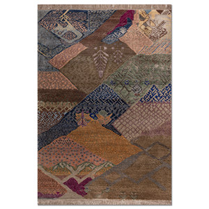 Tapis Manchaha bleu noué à la main en laine et soie de bambou, épaisseur 10 mm, motif abstrait, rectangulaire, design pour couloir, pour sol de maison - Les-2816 - Product Image 1
