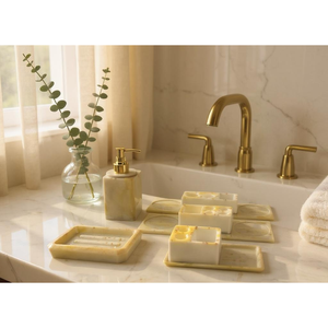 Set da Bagno in Resina Bianca e Oro con Finitura in Ottone, Accessori per il Bagno - Product Image 1