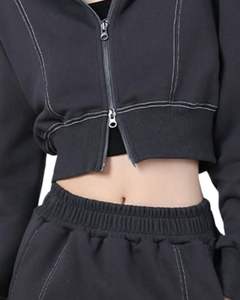 Customized Women <b>Black</b> Cropped Zip Up Hoodie Long Sleeve Hooded <b>Sweatshirt</b> With Contrast Stitch Casual Streetwear Fashion Top - Product Image 6