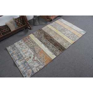 Turkish Rug, Accent 3x5.7 ft Vintage Rug, <b>Brown</b> Blue Ikat <b>Wool</b> Rug - Product Image 2