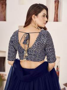 Ensemble Lehenga Choli en Georgette de Polyester Bleu Royal avec Broderie Zari et Paillettes, Dupatta en Tulle Doux Longueur Ras du Sol pour Fête et Mariage - Product Image 5